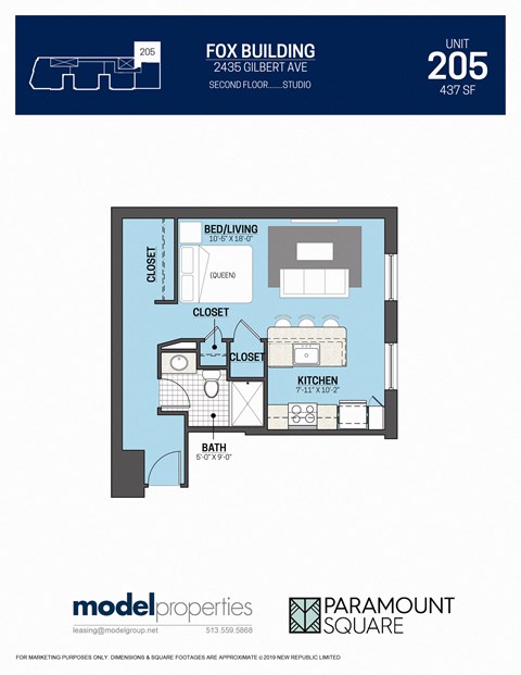 Floor plan for studio, 1 bath, 437 sqft